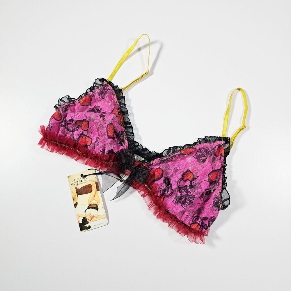 Lucy B Deadstock Vintage Inspired Lace Bralette Bra Pink Black Size L NWT